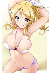 Rule 34 | 1girl, :p, adjusting hair, artist name, artist request, ayase eli, bare legs, bare shoulders, bikini, bikini skirt, blonde hair, blue eyes, blush, bow, bracelet, breasts, cleavage, collarbone, earrings, female focus, hair between eyes, halterneck, high ponytail, highres, jewelry, kirisaki reina, large breasts, long hair, looking at viewer, love live!, love live! school idol festival, love live! school idol project, o-ring, o-ring top, parted lips, ponytail, short hair, smile, solo, striped bikini, striped bow, striped clothes, swimsuit, tongue, tongue out, white bikini, white bow
