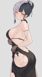 Rule 34 | 1girl, absurdres, ass, bare shoulders, black dress, black hair, blush, breasts, chyraliss, dress, grey hair, highres, hololive, hololive english, large breasts, long hair, looking at viewer, multicolored hair, shiori novella, sideboob, solo, split-color hair, virtual youtuber, yellow eyes