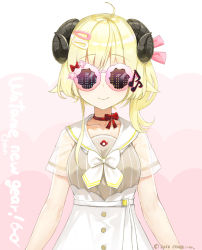 Rule 34 | 2016, ahoge, animal ears, arms at sides, blonde hair, choker, closed mouth, company name, copyright notice, curled horns, dress, fuumi (radial engine), glasses, hair ornament, hairclip, hololive, horns, official art, ribbon choker, sailor collar, see-through, see-through sleeves, sheep ears, sheep horns, short hair, short sleeves, sidelocks, solo, tsunomaki watame, tsunomaki watame (street casual), upper body, virtual youtuber