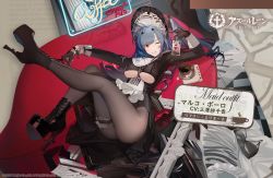 Rule 34 | 1girl, :p, azur lane, black footwear, black gloves, black pantyhose, blue hair, boots, breasts, bridal garter, coffee, commentary request, forked tongue, gloves, hair ornament, high heels, large breasts, leg up, long hair, long sleeves, looking at viewer, lying, maid, maid headdress, marco polo (azur lane), marco polo (the queen of hearts) (azur lane), nineo, official alternate costume, official art, on back, one eye closed, pantyhose, platform boots, platform footwear, promotional art, red eyes, thigh strap, thighs, tongue, tongue out, underboob, wrist cuffs