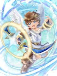 Rule 34 | 1boy, ahoge, angel, angel wings, armlet, blue eyes, bow (weapon), brown hair, commentary request, full body, highres, holding, holding bow (weapon), holding weapon, kid icarus, kid icarus uprising, laurel crown, male focus, nintendo, open mouth, pit (kid icarus), smile, solo, sparkle, suruga kanade, twitter username, weapon, wings