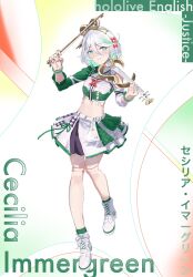 1girl bow bow_(music) cecilia_immergreen character_name closed_mouth copyright_name crop_top doll_joints full_body gradient_hair green_eyes green_hair green_skirt hair_bow highres holding holding_instrument holding_violin hololive hololive_english idol_clothes instrument joints multicolored_clothes multicolored_hair multicolored_skirt radical_highway skirt smile solo violin virtual_youtuber white_footwear white_skirt winding_key