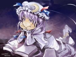 Rule 34 | 1girl, book, female focus, gradient background, lying, patchouli knowledge, socks, solo, szuinyo, touhou