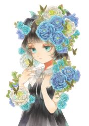 Rule 34 | 1girl, 2023, artist name, black dress, black hair, blue eyes, blue flower, blue nails, blue rose, bug, butterfly, butterfly on hand, closed mouth, dated, dress, expressionless, flower, hair flower, hair ornament, hands up, horns, hydrangea, insect, leaf, nail polish, neck ribbon, original, painting (medium), ribbon, rose, short hair, simple background, solo, traditional media, upper body, watercolor (medium), watermark, white background, white flower, white rose, yoshitaka a3