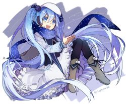 Rule 34 | 1girl, absurdly long hair, absurdres, blue eyes, blue hair, boots, constellation, dress, hat, hatsune miku, headset, highres, knees together feet apart, long hair, looking at viewer, open mouth, pantyhose, scarf, sogawa, solo, twintails, twitter username, very long hair, vocaloid, yuki miku, yuki miku (2017) (applicant)