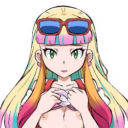 Rule 34 | 1girl, blonde hair, blunt bangs, bra, bra lift, breasts, clothes lift, creatures (company), game freak, gomatarou (pixiv196136), green eyes, jaggy lines, lipstick, looking at viewer, lowres, makeup, mascara, nintendo, nipples, oekaki, pokemon, pokemon (anime), pokemon the movie: the power of us, risa (pokemon), shirt lift, simple background, small breasts, solo, underwear, upper body, white background