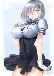 Rule 34 | 10s, 1girl, black bra, black dress, blue eyes, blush, bra, breasts, cowboy shot, dated, dress, eyes visible through hair, gloves, hair ornament, hair over one eye, hairclip, hamakaze (kancolle), kantai collection, large breasts, looking at viewer, okitakung, parted lips, puffy short sleeves, puffy sleeves, ribbon, short hair, short sleeves, signature, silver hair, skin tight, solo, unbuttoning, underwear, white gloves