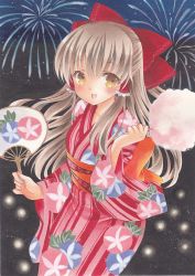 Rule 34 | 1girl, acrylic paint (medium), bad id, bad pixiv id, blush, bow, brown eyes, brown hair, cotton candy, fireworks, floral print, hair bow, hair tubes, hakurei reimu, hand fan, highres, holding, japanese clothes, kimono, long hair, long sleeves, looking at viewer, night, night sky, obi, open mouth, painting (medium), paper fan, pom77, red kimono, sash, sky, solo, standing, touhou, traditional media, uchiwa, wide sleeves, yukata