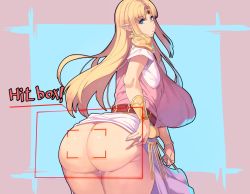 Rule 34 | 1girl, armor, ass, blonde hair, breasts, circlet, clothes lift, curvy, dress, dress lift, earrings, english text, from behind, huge ass, huge breasts, jewelry, looking at viewer, looking back, meme, metal owl (aden12), nintendo, panties, parted lips, pauldrons, plump, pointy ears, princess zelda, purple panties, shoulder armor, solo, the legend of zelda, thick thighs, thighs, triangle earrings, underwear, white dress, wide hips