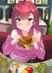 Rule 34 | 1girl, absurdres, alternate costume, bare shoulders, blurry, blurry background, blush, booth seating, breasts, burger, closed mouth, cup, disposable cup, earrings, eating, fast food, food, food focus, food in mouth, food on face, french fries, heart, heart earrings, heterochromia, highres, holding, holding food, hololive, houshou marine, jewelry, long hair, looking at viewer, pink sweater, pov, pov across table, red eyes, red hair, restaurant, sitting, solo, straight hair, sweater, table, tray, very long hair, virtual youtuber, yellow eyes, zyunsei777