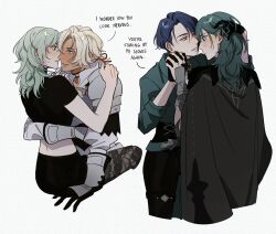 Rule 34 | 3girls, adjusting another&#039;s hair, armor, black cape, black gloves, black pants, black pantyhose, black shirt, black shorts, blonde hair, blue eyes, blue hair, blush, byleth (female) (fire emblem), byleth (fire emblem), cape, catherine (fire emblem), commentary, dark-skinned female, dark skin, english commentary, english text, enlightened byleth (female), eye contact, fire emblem, fire emblem: three houses, gauntlets, gloves, green eyes, green hair, green jacket, highres, holding hands, hug, imminent kiss, jacket, long hair, looking at another, midriff, multiple girls, nintendo, oratoza, pants, pantyhose, pauldrons, purple eyes, purple hair, shamir nevrand, shirt, short hair, shorts, shoulder armor, simple background, sitting, sleeves rolled up, smile, white background, yuri