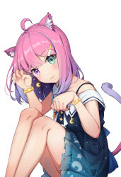 Rule 34 | 1girl, :3, absurdres, ahoge, animal ear fluff, animal ears, bad id, bad twitter id, bare legs, blue dress, blush, bracelet, candy hair ornament, cat ears, cat girl, cat tail, closed mouth, commentary request, crescent, crescent earrings, dress, earrings, feet out of frame, food-themed hair ornament, gradient hair, green eyes, hair ornament, head tilt, heterochromia, highres, himemori luna, himemori luna (sundress), hololive, jewelry, knees up, long hair, looking at viewer, multicolored hair, paw pose, pink hair, print dress, purple eyes, purple hair, shyi, sitting, solo, starry sky print, tail, tail raised, virtual youtuber
