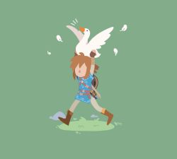Rule 34 | 1boy, absurdres, arms up, belt, bird, black eyes, blue shirt, boots, brown footwear, brown gloves, brown hair, carrying, crossover, faceless, faceless male, feathers, fingerless gloves, flat color, gloves, goose, goose (untitled goose game), grass, green background, grey pants, highres, jpeg artifacts, layered sleeves, link, long sleeves, male focus, nintendo, notice lines, pants, prinzcake, shield, shield on back, shirt, short hair, short over long sleeves, short sleeves, simple background, sword, the legend of zelda, the legend of zelda: breath of the wild, untitled goose game, walking, weapon