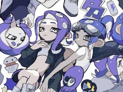 Rule 34 | cephalopod eyes, goggles, goggles on head, hat, hona564627, jacket, logo, midriff, nintendo, octoling, octoling boy, octoling girl, octoling player character, octopus, open clothes, open jacket, purple hair, simple background, splatoon (series), splatoon 3, suction cups, tentacle hair, white background