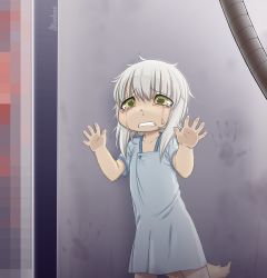 Rule 34 | 1other, against wall, blue dress, clenched teeth, cowboy shot, crying, crying with eyes open, dress, furry, green eyes, grey hair, handprint, hands up, highres, kionant, looking at viewer, made in abyss, nanachi (made in abyss), nanachi (made in abyss) (human), other focus, snot, solo, spoilers, standing, tail, tears, teeth