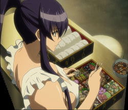 Rule 34 | 1girl, apron, back, blue eyes, breasts, busujima saeko, cooking, covered erect nipples, downblouse, food, from above, highres, highschool of the dead, large breasts, long hair, naked apron, no bra, ponytail, purple hair, screencap, sideboob, solo, standing, stitched, third-party edit