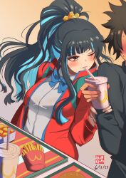 Rule 34 | 1boy, 1girl, absurdres, black hair, black jacket, blue hair, bow, bowtie, breasts, chicken nuggets, colored inner hair, cup, disposable cup, drinking straw, fate/grand order, fate (series), food, french fries, grey eyes, high ponytail, highres, jacket, light blue hair, long hair, long sleeves, medium breasts, multicolored hair, one eye closed, red jacket, shirt, short hair, sidelocks, smile, tenochtitlan (fate), tetsu no samurai, tray, white shirt