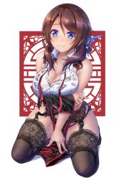 Rule 34 | 1girl, bare shoulders, between legs, blue eyes, blue panties, bra, breast hold, breasts, brown hair, brown thighhighs, cleavage, collared shirt, commentary request, denpa (denpae29), garter straps, kneeling, large breasts, long hair, looking at viewer, neck ribbon, original, panties, pelvic curtain, red neckwear, see-through, shirt, sidelocks, sleeveless, sleeveless shirt, smile, solo, sweat, thighhighs, thighs, underwear, undone neck ribbon, wet, wet clothes, wet shirt, white shirt