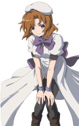 Rule 34 | 1girl, back bow, black thighhighs, blue eyes, bow, bowtie, brown footwear, closed mouth, dress, feet out of frame, hands on own knees, highres, higurashi no naku koro ni, leaning forward, light smile, looking at viewer, marutei2, medium hair, orange hair, puffy short sleeves, puffy sleeves, purple bow, purple bowtie, ryuuguu rena, short sleeves, simple background, sketch, smile, solo, thighhighs, white background, white dress, white headwear