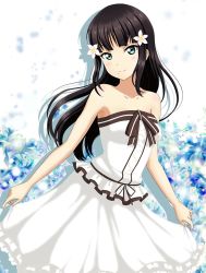 Rule 34 | 1girl, alternate costume, aqua eyes, arjend, bare arms, bare shoulders, black hair, black ribbon, blouse, blunt bangs, blush, breasts, closed mouth, clothes lift, collarbone, dress, dress lift, female focus, floating hair, floral background, flower, frilled skirt, frills, hair flower, hair ornament, kurosawa dia, long hair, looking at viewer, love live!, love live! school idol festival, love live! sunshine!!, mole, mole under mouth, neck, ribbon, shadow, shirt, skirt, small breasts, smile, solo, standing, strapless, strapless dress, very long hair, white dress, white flower, white shirt