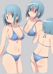 Rule 34 | 1girl, ass, bikini, blue background, blue eyes, blue hair, breasts, covered navel, cropped arms, cropped legs, cropped torso, from behind, grey background, groin, halterneck, hateri, highres, light blush, mahou shoujo madoka magica, mahou shoujo madoka magica (anime), medium breasts, miki sayaka, multiple views, parted lips, shaded face, short hair, solo, strap gap, swimsuit, thighs, wedgie