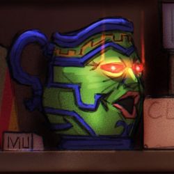 Rule 34 | 1other, commentary, english commentary, from side, glowing, glowing eyes, lowres, meme, muart242, open mouth, pitcher (container), pogchamp (meme), pot of greed, red eyes, red lips, yu-gi-oh!