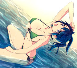 Rule 34 | 10s, 1girl, arm up, bare shoulders, beach, bikini, blue eyes, blue hair, blush, breasts, cleavage, day, covered erect nipples, front-tie top, green bikini, kantai collection, large breasts, leaning back, long hair, matching hair/eyes, micro bikini, open mouth, outdoors, partially submerged, short hair, side-tie bikini bottom, solo, souryuu (kancolle), strap gap, swimsuit, twintails, underboob, water, wet, yaoto