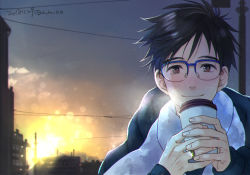 Rule 34 | 1boy, 2019, a m ao, black coat, black hair, blue-framed eyewear, blurry, blush, bokeh, breath, brown eyes, building, close-up, cloud, cloudy sky, coat, cup, dated, depth of field, disposable coffee cup, disposable cup, fingernails, floating hair, glasses, glowing, grey sky, happy, holding, holding cup, jewelry, katsuki yuuri, lamppost, light particles, light rays, looking at viewer, male focus, orange sky, outdoors, power lines, ring, scarf, semi-rimless eyewear, sky, smile, sun, sunbeam, sunlight, sunset, twitter username, upper body, utility pole, wedding ring, white neckwear, white scarf, winter, winter clothes, yellow sky, yuri!!! on ice