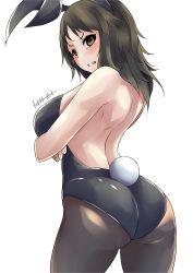 Rule 34 | 1girl, absurdres, animal ears, artist name, ass, back, backless outfit, bad id, bad pixiv id, black eyes, black hair, black leotard, black pantyhose, blush, commentary, covering privates, covering breasts, cowboy shot, crossed arms, embarrassed, fake animal ears, fake tail, from behind, frown, girls und panzer, grimace, highres, kakimoto nao, leotard, long hair, looking at viewer, looking back, murakami (girls und panzer), pantyhose, playboy bunny, rabbit ears, rabbit tail, signature, simple background, solo, standing, tail, white background