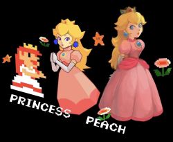 Rule 34 | 1girl, arms behind back, black background, blonde hair, blue eyes, breasts, brooch, character name, closed mouth, crown, dress, earrings, elbow gloves, eyelashes, fire flower, full body, gloves, hands up, jewelry, long dress, long hair, looking at viewer, mario (series), multiple persona, nintendo, orange hair, own hands together, pink dress, pixel art, low poly, princess, princess peach, puffy short sleeves, puffy sleeves, rinabe (@rfufvas3phbxkxa), short sleeves, simple background, small breasts, super star (mario), super mario 64, super mario bros. 1, white dress, white gloves