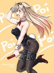 Rule 34 | 1girl, :d, adapted costume, bare shoulders, black leotard, black pantyhose, black ribbon, blonde hair, blush, breasts, cleavage, dated, detached collar, fake tail, from side, gradient hair, hair flaps, hair ornament, hair ribbon, hairclip, high heels, holding, kantai collection, leotard, long hair, medium breasts, multicolored hair, neck ribbon, open mouth, pantyhose, pink hair, playboy bunny, poi, profile, rabbit tail, red eyes, red footwear, red ribbon, ribbon, running, smile, solo, straight hair, strapless, strapless leotard, tail, tareme, tatsumi ray, text background, thigh strap, torpedo, twitter username, very long hair, wrist cuffs, yellow background, yuudachi (kancolle), yuudachi kai ni (kancolle)