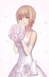 Rule 34 | 1girl, bad id, bad pixiv id, blonde hair, bouquet, bride, character request, dress, elbow gloves, flower, gloves, grey eyes, jewelry, light smile, necklace, pearl necklace, petals, phantasy star, phantasy star online 2, rose, short hair, solo, strapless, strapless dress, wedding dress, white background, white dress, white flower, white gloves, white rose, zek (zecola)