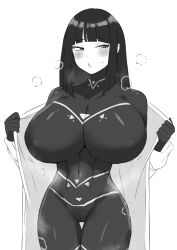 black_bodysuit blush bodysuit breasts cameltoe cesara_(project_moon) highres hime_cut lab_coat large_breasts limbus_company lips monochrome moonstone0914 narrow_waist project_moon skin_tight steaming_body sweat sweatdrop thigh_gap turtleneck turtleneck_bodysuit wide_hips