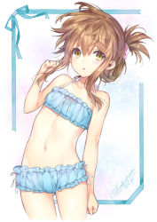 Rule 34 | 10s, 1girl, bare shoulders, blue bra, blue panties, bra, breasts, brown eyes, brown hair, cinderella bust, folded ponytail, hair ornament, hair up, inazuma (kancolle), kaguyuzu, kantai collection, looking at viewer, navel, open mouth, panties, short hair with long locks, sidelocks, small breasts, solo, stomach, underwear, underwear only