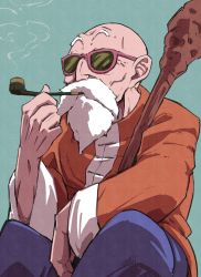 Rule 34 | 1boy, absurdres, bald, beard, dragon ball, facial hair, highres, liedein, male focus, mustache, muten roushi, old, old man, pants, simple background, sitting, smoking pipe, solo, sunglasses