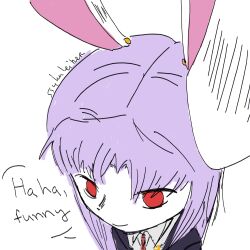 Rule 34 | 1girl, absurdres, animal ears, artist name, blazer, closed mouth, collared shirt, commentary, english commentary, english text, highres, jacket, long hair, necktie, portrait, purple hair, rabbit ears, rabbit girl, red eyes, red necktie, reisen udongein inaba, shirt, simple background, smile, solo, sparkle71059204, touhou, white background