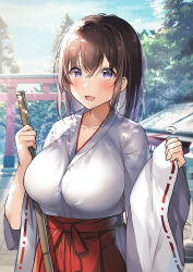 Rule 34 | 1girl, :d, breasts, broom, brown hair, cloud, collarbone, commentary request, crossed bangs, day, hair between eyes, hakama, hakama skirt, hawawa-chan (shiro kuma shake), highres, holding, holding broom, japanese clothes, kimono, large breasts, long hair, looking at viewer, miko, open mouth, original, outdoors, purple eyes, red hakama, shiro kuma shake, shrine, skirt, sky, smile, solo, torii, tree, upper body, white kimono, wide sleeves