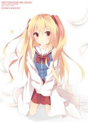Rule 34 | 1girl, blonde hair, blue footwear, blush, bow, bowtie, character name, closed mouth, coat, commentary request, copyright name, feathers, full body, hair between eyes, hands in opposite sleeves, highres, irotoridori no sekai, kneeling, kushida you, lab coat, long hair, long sleeves, nikaidou shinku, off shoulder, pleated skirt, red bow, red bowtie, red eyes, red skirt, sailor collar, school uniform, serafuku, shirt, skirt, sleeveless, sleeveless shirt, smile, solo, star (symbol), two side up, very long hair, white background, white coat, white sailor collar