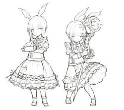 Rule 34 | 1girl, animal ears, apron, bai qi-qsr, blunt bangs, bow, bowtie, center frills, closed mouth, collared shirt, commentary, crossed arms, dress, dress ribbon, expressionless, extra ears, final fantasy, final fantasy xiv, frilled apron, frilled sleeves, frilled wrist cuffs, frills, full body, holding, holding staff, knees, lace, lace-trimmed dress, lace trim, light frown, lineart, looking at viewer, maid, multiple views, one eye closed, pocket, pointy ears, puffy short sleeves, puffy sleeves, rabbit ears, shirt, shoes, short hair with long locks, short sleeves, simple background, sleeveless, sleeveless dress, staff, waist apron, warrior of light (ff14), white background, wrist cuffs
