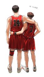 Rule 34 | 2boys, arm around shoulder, arm around waist, basketball uniform, black hair, black wristband, brown hair, from behind, full body, height difference, highres, male focus, mitsui hisashi, miyagi ryouta, multiple boys, red shorts, red tank top, red wristband, shoes, short hair, shorts, simple background, slam dunk (series), sportswear, standing, tank top, umeta sd, white background, white footwear, wristband