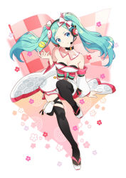 Rule 34 | 1girl, agonasubi, aqua eyes, aqua hair, bare shoulders, black thighhighs, bow, breasts, checkered flag, cherry blossoms, commentary, detached sleeves, flag, floral background, food, forehead, fruit, full body, glasses, hair bow, hatsune miku, head tilt, headphones, headset, highres, japanese clothes, kimono, knee up, lemon, long hair, looking at viewer, medium breasts, racing miku, racing miku (2020), sandals, see-through, sitting, sleeveless, sleeveless kimono, smile, smiley face, solo, thighhighs, twintails, vocaloid, white footwear, white kimono, white sleeves, zouri