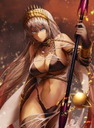 Rule 34 | abs, bikini, black bikini, blue eyes, breasts, chain, collar, crown, cuffs, earrings, elbow gloves, fate/grand order, fate (series), gloves, gold chain, grey hair, highres, jewelry, kankitsurui (house of citrus), large breasts, multicolored hair, pink hair, polearm, shackles, solo, swimsuit, tan, thighhighs, thong, weapon, zenobia (fate)
