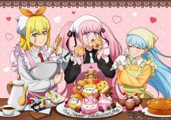 Rule 34 | 3girls, anna crown, blonde hair, blue hair, cake, chef, cream puff, cup, facial mark, food, lemon irvine, long hair, love cute, mashle, mixing bowl, multiple girls, necktie, official art, pink eyes, pink hair, red necktie, smile, teapot, teeth, twintails, whisk, yellow eyes