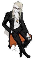 Rule 34 | 1boy, absurdres, black jacket, black nails, black pants, blonde hair, crossed ankles, fate/grand order, fate (series), from above, hand in pocket, highres, jacket, jewelry, jtgbaaa, long hair, looking at viewer, male focus, necklace, open clothes, open jacket, pants, shirt, shoes, simple background, smile, solo, sunglasses, tezcatlipoca (fate), tinted eyewear, white background, white shirt