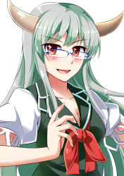 Rule 34 | 1girl, bespectacled, blue-framed eyewear, blush, breasts, brown eyes, cleavage, collarbone, dress, e.o., ex-keine, glasses, green dress, highres, horns, jewelry, kamishirasawa keine, large breasts, long hair, necklace, open mouth, puffy short sleeves, puffy sleeves, short sleeves, silver hair, smile, solo, touhou, upper body, very long hair
