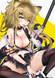 Rule 34 | 1girl, :p, animal ears, arknights, bandaged arm, bandages, bare shoulders, black choker, black gloves, black jacket, black nails, black skirt, black thighhighs, blonde hair, blush, breasts, candy, character name, choker, cleavage, clothes writing, collarbone, commentary request, earrings, food, gloves, gluteal fold, hair between eyes, hair ornament, hairclip, hand up, head tilt, highres, holding, holding food, indian style, jacket, jewelry, large breasts, lion ears, lion tail, lollipop, long hair, looking at viewer, miniskirt, nail polish, navel, off shoulder, open clothes, open jacket, partial commentary, pleated skirt, ponytail, revision, siege (arknights), sitting, skindentation, skirt, smile, solo, srpzk, tail, thighhighs, thighs, tongue, tongue out, weapon, wristband, x hair ornament, yellow eyes