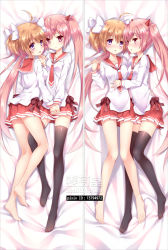 Rule 34 | 2girls, ahoge, artist name, bakugadou, bare legs, barefoot, bed sheet, black legwear, blush, bow, breasts, closed mouth, collarbone, commentary, dakimakura (medium), eyebrows, full body, hair bow, hair ornament, hairclip, hand on another&#039;s stomach, heart, heart hair ornament, hidan no aria, holding hands, horns, interlocked fingers, kanzaki h. aria, long hair, long sleeves, looking at viewer, lying, mamiya akari, medium breasts, multiple girls, multiple views, necktie, no shoes, on back, on side, open mouth, orange hair, pink eyes, pink hair, pleated skirt, purple eyes, red necktie, red ribbon, red skirt, ribbon, school uniform, serafuku, skirt, small breasts, smile, thighhighs, twintails, very long hair, watermark, white bow, zettai ryouiki