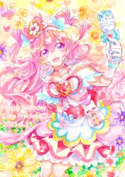 Rule 34 | 1girl, apron, back bow, birthday, bow, brooch, choker, commentary, cone hair bun, cup, cure precious, dated, delicious party precure, double bun, dress, earrings, english text, floral background, gloves, hair bow, hair bun, hairband, happy birthday, heart, heart brooch, highres, holding, holding cup, jewelry, kome-kome (precure), large bow, long hair, looking at viewer, magical girl, medium dress, nagomi yui, off-shoulder dress, off shoulder, open mouth, party glass, pink bow, pink choker, pink hair, pink hairband, precure, purple eyes, red bow, red ribbon, ribbon, sitting, smile, solo, sparkle, two side up, very long hair, waist apron, waka (negronoir), white gloves