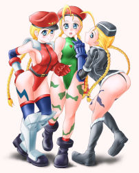 Rule 34 | 3girls, ahoge, alternate costume, antenna hair, arm hug, armor, ass, beret, blonde hair, blue eyes, blush, boots, braid, breasts, cammy white, camouflage, capcom, cleavage, coat, combat boots, cosplay, elbow gloves, fingerless gloves, garrison cap, gloves, greaves, hat, huge ahoge, impossible clothes, knee boots, large breasts, leotard, long hair, looking at viewer, m. bison, m bison (cosplay), multiple girls, multiple persona, peaked cap, red leotard, shimusu, shoulder pads, sideboob, simple background, smile, street fighter, street fighter iv (series), thighhighs, thong leotard, twin braids, winter clothes, winter coat