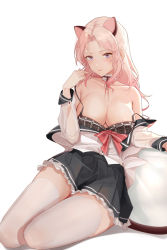 Rule 34 | 1girl, 7lark, animal ears, bare shoulders, black skirt, blush, bow, bra, breasts, choker, cleavage, collarbone, extra ears, frilled skirt, frills, hand up, long hair, long sleeves, looking at viewer, medium breasts, open clothes, open shirt, original, pink hair, plaid, plaid bra, pleated skirt, purple eyes, red bow, shirt, sitting, skirt, smile, strap slip, tail, thighhighs, underwear, white choker, white shirt, white thighhighs
